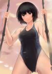  1girl absurdres amagami ass_visible_through_thighs bangs black_eyes black_hair blush bob_cut breasts closed_mouth competition_swimsuit covered_navel eyebrows_visible_through_hair highres looking_at_viewer medium_breasts nanasaki_ai one-piece_swimsuit pink_sky short_hair smile solo swimsuit swing swing_set thighs ykh1028 