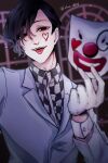  1boy absurdres artist_name bangs black_hair black_shirt checkered checkered_shirt clown_mask furuta_nimura gloves grey_jacket heart highres holding holding_mask jacket kino_(uni_sk38) long_sleeves looking_at_viewer male_focus mask mask_removed red_background red_eyes shirt short_hair solo spoilers teeth tokyo_ghoul tokyo_ghoul:re tongue tongue_out upper_body upper_teeth white_gloves white_shirt 
