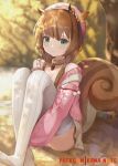  1girl animal_ears ayunda_risu bangs beret blurry blurry_background blush breasts brown_hair brown_skirt cleavage closed_mouth commentary_request depth_of_field eyebrows_visible_through_hair green_eyes hat hololive hololive_indonesia jacket kananote knees_up medium_breasts no_shoes off_shoulder on_ground open_clothes open_jacket panties pink_headwear pink_jacket ribbed_legwear sitting skirt solo squirrel_ears squirrel_girl squirrel_tail tail thighhighs underwear virtual_youtuber white_legwear white_panties 