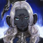 &gt;:) 1girl au_ra blue_background blue_eyes closed_mouth colored_skin commentary dragon_horns final_fantasy final_fantasy_xiv frischenq grey_skin half-closed_eye horn_ornament horn_ring horns lips long_hair looking_at_viewer portrait sadu_dotharl scales signature silver_hair smile smirk smug solo staff v-shaped_eyebrows wavy_hair 