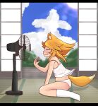  1girl absurdres animal_ears bangs blonde_hair blue_sky camisole closed_eyes cloud commentary_request cookie_(touhou) electric_fan fox_ears fox_girl fox_tail full_body gariballon highres hot letterboxed long_hair miramikaru_riran open_mouth panties profile shouji sitting sky sliding_doors socks solo sun sweat tail tan tanlines tatami underwear underwear_only white_camisole white_legwear white_panties 