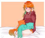  1girl alternate_costume animal bed bedroom blush cat cellphone chonkers_(takanashi_kiara) earrings feather_earrings feathers gradient_hair hair_down highres holding holding_animal holding_cat holding_phone hololive hololive_english jewelry long_hair multicolored_hair on_bed orange_hair phone purple_eyes sitting sitting_on_bed smartphone smoothie_(takanashi_kiara) takanashi_kiara tera_(trs82341711) virtual_youtuber 