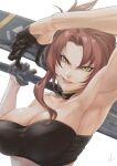 1girl :d armpits bangs black_gloves breasts cleavage forehead gloves grin high_lan highres holding holding_sword holding_weapon honkai_(series) honkai_impact_3rd lipstick looking_at_viewer makeup mole mole_on_breast murata_himeko red_hair simple_background smile solo strapless sword teeth tube_top v-shaped_eyebrows weapon white_background yellow_eyes 