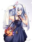  1girl :d animal_ear_fluff animal_ears arm_up armpits bangs bare_arms bare_shoulders black_nails blanket blue_dress blue_eyes blue_hair blush candy cat_ears commentary cowboy_shot dress eyebrows_visible_through_hair eyepatch food food-themed_hair_ornament gawr_gura hair_ornament halloween_bucket halter_dress halterneck hand_up highres hololive hololive_english kuri_(animejpholic) looking_at_viewer medical_eyepatch multicolored_hair nail_polish open_mouth pumpkin_hair_ornament signature silver_hair simple_background sleeveless sleeveless_dress smile solo standing streaked_hair symbol-only_commentary two_side_up virtual_youtuber 