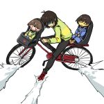  3others akira akira_slide antenna_hair bangs bicycle bicycle_basket black_pants blue_sweater blush_stickers brown_hair chara_(undertale) child_safety_seat colored_skin commentary deltarune expressionless frisk_(undertale) green_sweater ground_vehicle highres kinuko21b kris_(deltarune) long_sleeves multiple_others pants red_footwear shaded_face shoes short_hair simple_background smile sneakers striped striped_sweater sweater undertale white_background yellow_skin |_| 