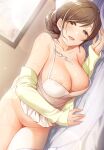  1girl areola_slip areolae bangs bare_shoulders blush bottomless bra breasts brown_eyes brown_hair cleavage collarbone commentary_request hair_bun highres idolmaster idolmaster_cinderella_girls large_breasts long_hair looking_at_viewer lying mk_(mod0) nipple_slip nipples nitta_minami on_side open_clothes open_shirt shirt smile sweat swept_bangs thighs underwear white_bra yellow_shirt 