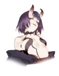  1girl bangs bare_shoulders bob_cut breasts cup eyeliner fate/grand_order fate_(series) headpiece highres hit-kun horns japanese_clothes kimono looking_at_viewer makeup oni oni_horns open_mouth purple_eyes purple_hair purple_kimono revealing_clothes sakazuki short_eyebrows short_hair shuten_douji_(fate) skin-covered_horns small_breasts smile solo upper_body white_background 