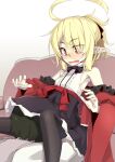  1boy 1girl ahoge airi_(ogami_kazuki) bags_under_eyes bangs black_bow black_bowtie black_legwear black_skirt blonde_hair blouse bow bowtie breasts commentary couch face_in_crotch fangs glasses hair_between_eyes hair_bow hair_bun head_between_thighs hetero highres huge_ahoge jitome long_hair looking_at_another ogami_kazuki open_mouth original pale_skin pantyhose pleated_skirt red_eyes ribs rimless_eyewear sidelocks sitting skinny skirt sleeveless_blouse slit_pupils small_breasts surprised tied_hair vampire 