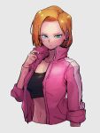  1girl android_18 blonde_hair blue_eyes breasts cleavage closed_mouth crop_top dragon_ball dragon_ball_super grey_background jacket kemachiku long_sleeves looking_at_viewer medium_breasts pink_jacket short_hair simple_background solo 