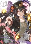  1girl ;) alternate_costume black_jacket breasts chain closed_eyes cosplay fang flower genshin_impact ghost hair_flower hair_ornament hat highres hu_tao_(genshin_impact) jacket jojo_no_kimyou_na_bouken kujo_jotaro kujo_jotaro_(cosplay) long_sleeves looking_at_viewer nail_polish one_eye_closed open_clothes open_jacket open_mouth pointing shirt smile speech_bubble star_platinum star_platinum_(cosplay) stardust_crusaders symbol-shaped_pupils text_focus translation_request twintails watoboshi 