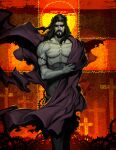  1boy abs bara bare_pectorals beard black_hair blood christianity commentary cross english_commentary facial_hair genzoman jesus long_hair male_focus muscular muscular_male no_nipples pectorals solo standing the_bible torn_clothes zombie 