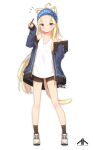  1girl :&lt; absurdres ahoge animal_ear_fluff animal_ears bare_shoulders bike_shorts black_legwear black_shorts blonde_hair blue_eyes blue_jacket blush cat_ears cat_girl cat_tail closed_mouth collarbone commentary_request coreytaiyo dated drawing_tablet forehead full_body hands_up highres holding holding_stylus jacket long_hair looking_at_viewer off_shoulder open_clothes open_jacket original shoes short_shorts shorts signature simple_background socks solo standing stylus tail tank_top translation_request very_long_hair white_background white_footwear white_tank_top 