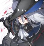  1girl absurdres arknights ascot black_capelet black_gloves black_headwear capelet commentary_request eyebrows_visible_through_hair gloves grey_ascot grey_neckwear grey_shirt hair_between_eyes hat highres holding holding_sword holding_weapon long_hair looking_at_viewer raw_egg_lent red_eyes shirt silver_hair simple_background skadi_(arknights) solo sword translated upper_body weapon white_background 