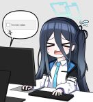  &gt;_&lt; 1girl arisu_(blue_archive) black_hairband blue_archive blush breast_pocket captcha collared_shirt cursor dark_blue_hair english_commentary flying_sweatdrops furrowed_brow grey_background hair_between_eyes hairband highres jacket jn_7_3 keyboard_(computer) long_hair monitor mouse_(computer) mousepad_(object) necktie open_mouth pocket school_uniform shirt simple_background solo speech_bubble sweatdrop trembling wavy_mouth 