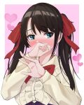  1girl absurdres black_hair blue_eyes blush bow center_frills collared_shirt commentary_request covered_mouth frilled_shirt_collar frills hair_bow hands_up heart highres hololive long_hair long_sleeves looking_away looking_to_the_side nose_blush oozora_subaru pink_background red_bow rururaroru shirt solo twintails two-tone_background upper_body virtual_youtuber white_background white_shirt 