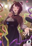  1girl :d ;d absurdres animal_ears bangs black_dress blurry blurry_foreground blush breasts commentary confetti cowboy_shot diffraction_spikes dog_ears dog_hair_ornament dress earpiece eyebrows_visible_through_hair eyelashes fangs guitar hair_ornament highres instrument inui_toko jewelry looking_at_viewer medium_breasts microphone microphone_stand music necklace nijisanji official_alternate_costume one_eye_closed open_mouth outstretched_hand purple_eyes purple_hair saba-kann_(kannsaba) see-through short_hair singing smile solo speaker stage_lights swept_bangs teeth upper_teeth virtual_youtuber wooden_wall 