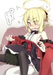  1boy 1girl ahoge airi_(ogami_kazuki) bags_under_eyes bangs black_bow black_bowtie black_legwear black_skirt blonde_hair blouse bow bowtie breasts commentary couch face_in_crotch fangs flying_sweatdrops glasses hair_between_eyes hair_bow hair_bun head_between_thighs hetero highres huge_ahoge jitome long_hair looking_at_another motion_lines ogami_kazuki open_mouth original pale_skin pantyhose pleated_skirt red_eyes ribs rimless_eyewear sidelocks sitting skinny skirt sleeveless_blouse slit_pupils small_breasts speech_bubble surprised tied_hair translated vampire 