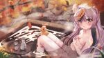  1girl autumn_leaves bangs blonde_hair blurry blurry_foreground branch breasts brown_eyes choko_(cup) cleavage commentary commission cup depth_of_field double_bun eyebrows_visible_through_hair hair_between_eyes leehwa long_hair medium_breasts multicolored_hair naked_towel ofuda onsen original partially_submerged purple_hair rubber_duck sitting solo streaked_hair tokkuri towel towel_on_head tray very_long_hair 