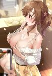 1boy 1girl areola_slip areolae bangs bare_shoulders belt blurry blurry_background blurry_foreground blush bread breasts brown_hair cellphone cleavage clothes_pull collarbone commentary_request cowboy_shot depth_of_field floral_print food food_on_breasts highres idolmaster idolmaster_cinderella_girls indoors large_breasts lens_flare long_hair long_sleeves looking_down melon_bread mk_(mod0) nipples off-shoulder_shirt off_shoulder open_mouth phone print_skirt red_eyes ribbon shirt shirt_pull side_ponytail skirt smartphone solo_focus spaghetti_strap spill totoki_airi white_ribbon white_shirt yellow_skirt 