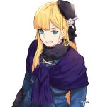  1girl aqua_eyes artist_name black_headwear blonde_hair blue_coat coat eyebrows_visible_through_hair fate_(series) fur_collar long_hair looking_at_viewer lord_el-melloi_ii_case_files midoku purple_scarf reines_el-melloi_archisorte scarf solo upper_body white_background 