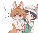  &gt;:( 2girls absurdres angry animal_ears arm_grab bare_shoulders beige_shirt black_eyes black_hair blush brown_shirt buck_teeth captain_(kemono_friends) clenched_teeth collared_shirt commentary_request dhole_(kemono_friends) dog_ears dog_girl eyebrows_visible_through_hair furrowed_brow gloves green_shirt highres kemono_friends kemono_friends_3 khakis kosai_takayuki light_brown_hair looking_at_another looking_at_viewer multicolored_hair multiple_girls orange_eyes sharp_teeth shirt short_sleeves sleeveless teeth two-tone_hair two-tone_shirt uniform v-shaped_eyebrows white_gloves white_hair white_shirt 