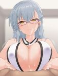  1boy 1girl absurdres areola_slip areolae bangs blush breast_squeeze breasts closed_mouth covered_nipples cum cum_on_body cum_on_breasts cum_on_glasses ejaculation facial frown hetero highres kitora_mirja large_breasts long_hair maruta_(denmasked) paizuri paizuri_under_clothes penis pov pov_crotch projectile_cum silver_hair toji_no_miko v-shaped_eyebrows yellow_eyes 