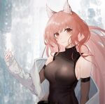  1girl animal_ears bangs bare_shoulders breasts brown_eyes brown_hair commentary eyebrows_visible_through_hair girls&#039;_frontline girls&#039;_frontline_neural_cloud jacket large_breasts long_hair long_sleeves looking_at_viewer mutianliaonaicha off_shoulder open_clothes open_jacket persicaria_(girls&#039;_frontline_nc) sleeveless sleeveless_turtleneck smile solo turtleneck upper_body white_jacket 