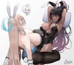  3girls absurdres animal_ears armpits asuna_(blue_archive) bangs bare_shoulders black_hair black_legwear black_leotard blue_archive blue_bow blue_eyes blue_leotard bow breasts cleavage closed_mouth commentary_request dark-skinned_female dark_skin detached_collar earrings fake_animal_ears fishnet_legwear fishnets gloves grey_background hair_over_one_eye halo heart heart-shaped_pupils high_ponytail highleg highleg_leotard highres jewelry karin_(blue_archive) large_breasts leotard light_brown_hair lilil long_hair looking_at_viewer mole mole_on_breast multiple_girls pantyhose pillow playboy_bunny rabbit_ears rabbit_tail sensei_(blue_archive) sidelocks steam_from_mouth strapless strapless_leotard sweat symbol-shaped_pupils tail tongue tongue_out tribadism tribadism_through_clothing very_long_hair white_gloves wrist_cuffs yellow_eyes yuri 