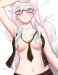  1girl absurdres airani_iofifteen areola_slip areolae armpits between_breasts blush breasts collarbone dobure18 earrings eyebrows_visible_through_hair glasses highres hololive hololive_indonesia jewelry long_hair lying medium_breasts midriff navel necktie necktie_between_breasts on_back open_clothes paint_splatter paint_splatter_on_face parted_lips pink_hair purple_eyes solo virtual_youtuber 