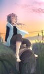  1girl absurdres ahoge barefoot blush capri_pants cattail drainpipe field grass highres long_hair long_sleeves looking_at_viewer open_mouth pants pink_eyes pipe plant power_lines purple_hair ruuto25 sitting sunset sweater tied_hair voiceroid yuzuki_yukari 