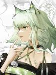  1girl absurdres animal_ear_fluff animal_ears arknights bare_shoulders black_collar cat_ears chinese_commentary collar commentary_request criss-cross_halter dress from_side green_dress green_eyes green_hair halterneck hand_up highres kal&#039;tsit_(arknights) lips luan_teng off-shoulder_dress off_shoulder oripathy_lesion_(arknights) short_hair signature solo stethoscope zoom_layer 