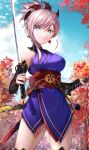  1girl autumn autumn_leaves blue_eyes breasts detached_sleeves earrings fate/grand_order fate_(series) herigaru_(fvgyvr000) highres jewelry katana large_breasts miyamoto_musashi_(fate) pink_hair scabbard sheath smile sword thighhighs weapon 