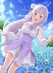  1girl :d bangs bare_shoulders blunt_bangs dress emilia_(re:zero) field flower flower_field hair_flower hair_ornament highres long_hair noritama_(noritamago) petals purple_eyes re:zero_kara_hajimeru_isekai_seikatsu ribbon rose silver_hair smile solo white_flower white_rose 