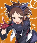  ! 1boy :d animal_ears bangs blush brown_eyes brown_hair buttons commentary gloves hairband hand_up male_focus nate_(pokemon) open_clothes open_mouth open_vest orange_background outline pokemon pokemon_(game) pokemon_bw2 red_gloves scarf shirt smile solo spoken_exclamation_mark tail teeth tongue tpi_ri twitter_username vest white_vest 
