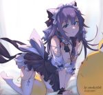  1girl all_fours alternate_costume animal_ears artist_name azur_lane bare_shoulders blue_eyes breasts cat_ears cheshire_(azur_lane) cleavage dated dress enmaided eyebrows_visible_through_hair fake_animal_ears fang frilled_dress frilled_hairband frills hairband highres large_breasts long_hair looking_at_viewer maid manjuu_(azur_lane) puffy_short_sleeves puffy_sleeves purple_dress purple_hair short_sleeves skin_fang smoker_fish thighhighs white_legwear 