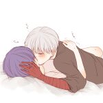  1boy 1girl bangs black_shirt blush check_commentary colored_skin commentary_request facing_another grey_background grey_hair grey_shirt hetero hug kaneki_ken kirishima_touka kiss lying on_back on_person purple_hair red_skin shirt short_hair simple_background smile sweatdrop tokyo_ghoul tokyo_ghoul:re toukaairab translated 