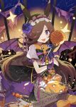  1girl :d animal_ears bangs basket black_bow black_skirt bow brooch brown_hair candy center_frills collared_shirt commentary_request demon_wings eyebrows_visible_through_hair fangs food frills hair_over_one_eye halloween holding holding_candy holding_food holding_lollipop horse_ears jack-o&#039;-lantern jewelry lollipop long_hair looking_at_viewer make_up_in_halloween!_(umamusume) official_alternate_costume puffy_short_sleeves puffy_sleeves purple_eyes purple_wings rice_shower_(umamusume) shadowsinking shirt short_sleeves skirt smile solo sparkle striped striped_bow swirl_lollipop umamusume very_long_hair white_shirt wings 