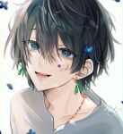  1boy a20190422 black_hair blue_eyes collarbone earrings flower gem hair_between_eyes highres jewelry looking_at_viewer male_focus necklace open_mouth orange_hair original petals shirt short_sleeves solo teenage teeth upper_teeth white_background 