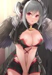  1girl :o asymmetrical_wings bangs black_shorts blush breasts cleavage cowboy_shot drill_hair eyebrows_visible_through_hair feathered_wings frills hairband highres idolmaster idolmaster_cinderella_girls indoors kanzaki_ranko large_breasts leaning_forward locker lolita_hairband long_hair looking_at_viewer mk_(mod0) nipple_slip nipples own_hands_together parted_lips pink_eyes revealing_clothes short_sleeves shorts sidelocks silver_hair solo twin_drills twintails v_arms wings 