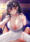  1boy 1girl azur_lane bare_shoulders black_hair blush breasts cleavage clothed_female_nude_male collarbone commentary_request dress earrings eyebrows_visible_through_hair flower garter_straps hair_flower hair_ornament hetero huge_breasts implied_sex jewelry long_hair looking_at_viewer lying necklace nude official_alternate_costume on_back open_mouth pontaro18 red_eyes side_ponytail simple_background sitting sitting_on_person smile solo_focus taihou_(azur_lane) taihou_(temptation_on_the_sea_breeze)_(azur_lane) thighhighs thighs white_dress white_legwear 