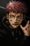  1boy black_background black_hair black_jacket blood blood_on_face blood_on_hands facial_mark grmms_otk hand_up itadori_yuuji jacket jujutsu_kaisen long_sleeves looking_away male_focus pink_hair red_eyes scar scar_on_face short_hair sideways_glance solo spiked_hair undercut upper_body 