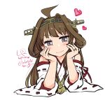  1girl ahoge brown_eyes brown_hair detached_sleeves double_bun hairband hands_on_own_face heart highres japanese_clothes jewelry kantai_collection kongou_(kancolle) long_hair looking_at_viewer lr_hijikata ribbon-trimmed_sleeves ribbon_trim ring signature smile solo twitter_username upper_body wedding_band 