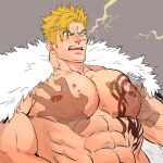  2boys abs bara blonde_hair blush brown_eyes chest_tattoo electricity facial_mark fairy_tail falloutbart fur-trimmed_jacket fur_trim grabbing grey_background groping jacket jacket_on_shoulders jacket_removed large_pectorals laxus_dreyar male_focus multiple_boys muscular muscular_male open_mouth pectoral_focus pectoral_grab pectorals short_hair solo_focus spiked_hair tattoo upper_body 