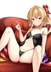 1girl babydoll bangs bare_legs black_panties blonde_hair blush breasts cameltoe closed_mouth commentary_request couch eyebrows_visible_through_hair fang fang_out feet_out_of_frame flandre_scarlet hair_ribbon hand_up highres kashiwagi_yamine long_hair looking_at_viewer navel on_couch one_side_up panties red_eyes red_ribbon ribbon sitting small_breasts smile solo spaghetti_strap spread_legs stomach strap_slip touhou underwear wings 
