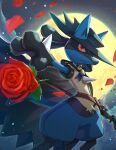  black_headwear cape closed_mouth commentary_request flower frown gonzarez hat hatted_pokemon highres looking_at_viewer lucario moon night outdoors petals pokemon pokemon_(creature) pokemon_(game) pokemon_unite red_eyes red_flower sky solo 