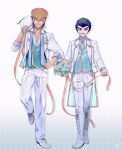  2boys absurdres alternate_costume bangs black_hair blue_flower boots bouquet brown_hair buttons collarbone collared_shirt danganronpa:_trigger_happy_havoc danganronpa_(series) double-breasted dress_shirt flower foot_up full_body highres holding holding_bouquet ishimaru_kiyotaka jacket knee_boots long_sleeves male_focus multiple_boys neckwear_request octo_(sumidanagi) oowada_mondo open_mouth over_shoulder pants pink_eyes pink_ribbon red_eyes ribbon shiny shiny_hair shirt shoes short_hair simple_background smile striped striped_shirt teeth white_background white_flower white_footwear white_jacket white_pants white_shirt 