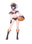  1girl bare_shoulders belt bikini black_bikini black_footwear black_gloves black_hair black_headwear boots bow bowtie breasts candy checkered choker cleavage contrapposto food full_body gloves halloween halloween_bucket halterneck hand_on_own_thigh hat highres holding king&#039;s_raid looking_at_viewer medium_breasts multicolored_hair navel off_shoulder official_art pirate_hat red_eyes revealing_clothes short_hair smile solo standing stomach streaked_hair swimsuit thighs xerah_(king&#039;s_raid) 