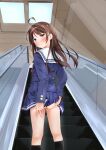  1girl ahoge ass ass_grab black_legwear blue_shirt blue_skirt blush brown_eyes brown_hair closed_mouth commentary_request escalator floating_hair from_behind grabbing_own_ass hand_on_own_ass highres indoors kneehighs long_hair long_sleeves looking_at_viewer looking_back miniskirt miyuki_(yxbt7) no_panties original pleated_skirt sailor_collar school_uniform serafuku shirt skirt standing textless white_sailor_collar 