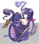  1girl animal_ears blonde_hair boots brown_footwear cat cat_ears cat_tail detached_sleeves from_behind hair_ribbon high_heels hugging_own_legs karyl_(princess_connect!) long_hair looking_at_viewer low_twintails mishima_kurone princess_connect! purple_hair ribbon tail twintails 