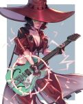  1girl blonde_hair electric_guitar fingerless_gloves gloves green-tinted_eyewear guilty_gear guilty_gear_strive guitar hat i-no instrument jacket looking_at_viewer midriff rattlepool red_headwear red_jacket short_hair solo sunglasses tinted_eyewear venus_symbol witch_hat 